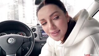 Hawt oral-job-sex in the parking lot with cum swallowing