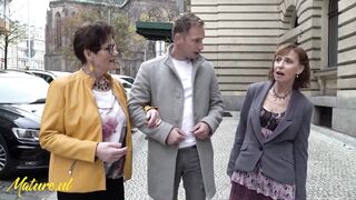 two Lustful Cougars Taking a Stranger Home To Get Their Aged Snatches Filled