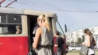 Sexy hot blonde in short suit upskirt