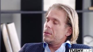 Hazel is having gentle anal invasion with her boss after giving him an handsome oral-job-sex