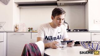 SHAME4K. Perv jerks off peeping on MILF in bathroom and she catches him