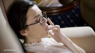 Teen brunette with tiny melons and perky nipps, Hayli Sanders is masturbating while alone at home