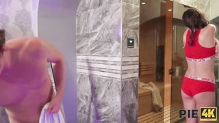 Stacy Cruz is having steamy sex in the sauna and moaning from fun during the time that cumming