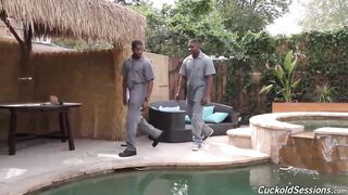 Brunette hair Hair wife in yellow fishnets cheats on her husband with black handymen and gets spit-roasted