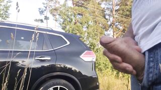 I pull out my dick on a beach area. This young woman who drives from this beach, looks shocked by what this hottie sees !! This Chick want look how i cum