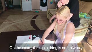 A shy student couldn't resist the trainer and took his rod in her mouth