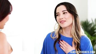 Mina Luxx and Aria Lee are having a ffm threesome with a friend, in his living room