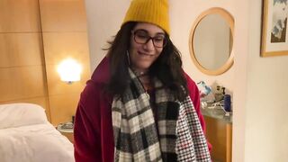 Nerdy brunette wth glasses is sucking a goth hard jock as deep as she can