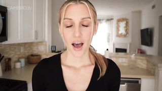 Passionate golden-haired is wearing white stockings and sexy lingerie during a JOI session in her bedroom