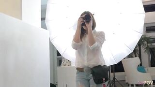 Excited lesbian babes are about to have a three-some with a ravishing camerawoman, in the studio