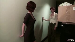 Sexually excited lesbian babes are using a belt- on to fuck each other's brains out, during the time that at work