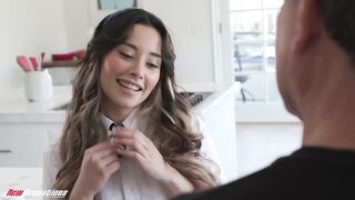 Tiny titted brunette, Aria gave a deep blowjob to her landlord, before riding his alt hard cock