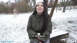 Public Agent Spanish Brunette hair Hair Flashes Big Natural Breasts in the Snow