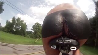 Undressed bike ride on the road with biggest buttplug, passing cars