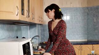 Laura Palmer is a small titted brunette who likes to masturbate in the kitchen, until this chick cums