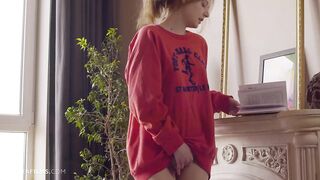 Sienna Kim is a nerdy redhead with tiny tits who likes to masturbate on the daybed