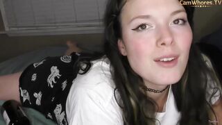 Chubby, amateur brunette with big boobs is sucking a fake shlong before stuffing her juicy pussy with it