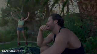 Lascivious teen brunette with a nicely trimmed pussy is having hardcore sex in the tent