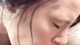 Dope wench gives a backseat fellatio during the day & lets an older chap nut right in her mouth