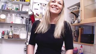 German golden-haired with big tits took off her clothes and started masturbating with a glass sex-toy