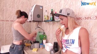 Lesbo beauties making out in the kitchen