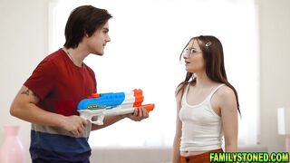 Small titted teen brunette is masturbating with her step- brother, on the couch, just for enjoyment