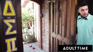 ADULT TIME - Busty MILF Cleaning Lady Lolly Dames Gets ROUGH GROUP-SEX And BUKKAKE AT COLLEGE FRAT!