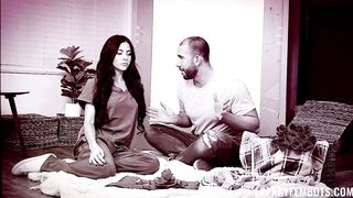 Skinny brunette in a red dress, Theodora Day is having casual sex on the bed