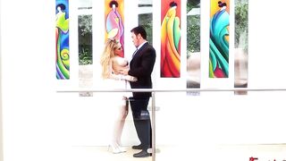 Stunning golden-haired woman, Kagney Linn Karter is getting banged hard, from the back and enjoying it