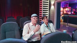 Mature couple Syren DeMer and Knob Chibbles Athena disturbed by a teenager couple Athena Faris and Ricky Spanish having sex in cinema!