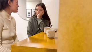 Lesbo Women touch themselves in public and then fuck in a public bathroom.