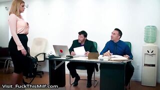 Busty golden-haired office lady is getting banged from the back, while at work and enjoying it