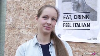 Slim German teen with blond hair, Kinuski loves to get down on her knees and suck dong