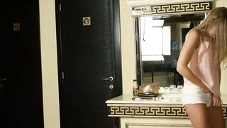 Alluring blond teen is getting her taut vagina filled up with a hard meat stick