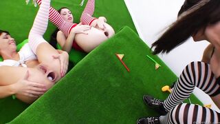 Excited lesbos playing anal golf