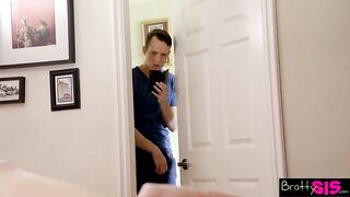 Lascivious chap is screwing his step- sister and her ally in his bedroom, at the same time