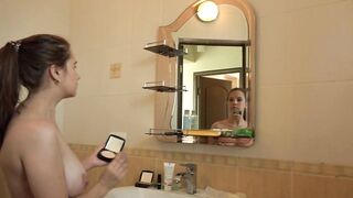 Morning masturbation to orgasm, mature MILF with hairy twat and big boobs.