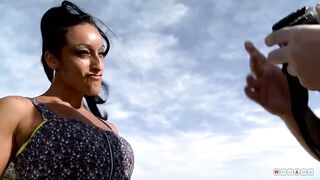 Hot brunette with big, firm bazookas is having steamy sex on the beach, during the day