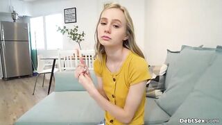 Bewitching, golden-haired honey with tiny boobs is screwing her landlord to pay the rent for the month