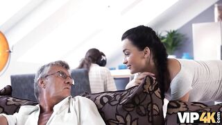 VIP4K. Old nerdy guy nails sons naive GF right behind guys back