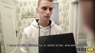 DEBT4k. Poor cuckold has to watch wifes a bit of ass with debt collector