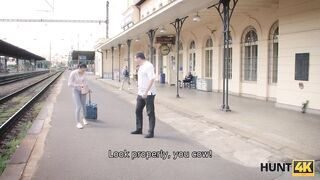 HUNT4K. With lust in eyes wife gives muff to chap to make hubby watch