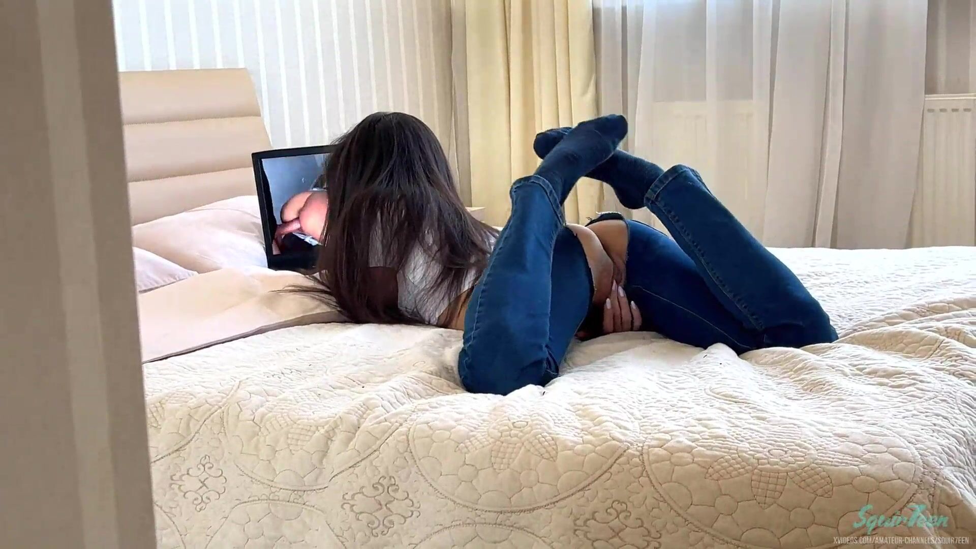 Sexually Lascivious stepsister in torn jeans was caught watching porn by stepbrother
