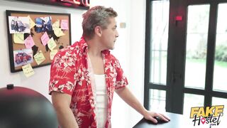 Fake Hostel - Slutty redhead nymph in red boots and knee high socks uses all her toys on older stud who really wishes to cum