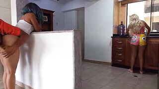 Threesome with my stepdaughter and her almost any fantastic friend in the kitchen her best friend waiting her turn to get a ramrod up her vagina anal and pussy bang