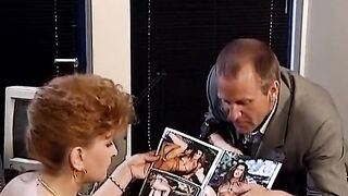 two sexy German harlots sharing a sex-toy and a loaded pecker in the office