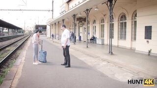 HUNT4K. Lassie with ponytail has sex that gives profit to her husband