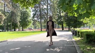 Chic Lady walks nude in park. Public.