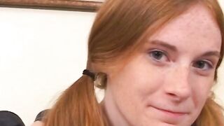 Husband and wife bang cute redheaded babysitter with small bazookas on daybed