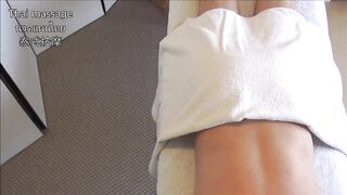 Thai massage with masseuse filming cheerful ending